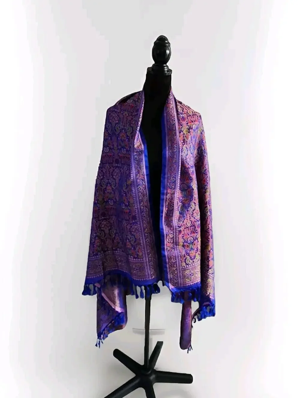 Unbranded Oversized Multicolor Silk Brocade Shawl Wrap W/ Fringes 44 X 72 Inches